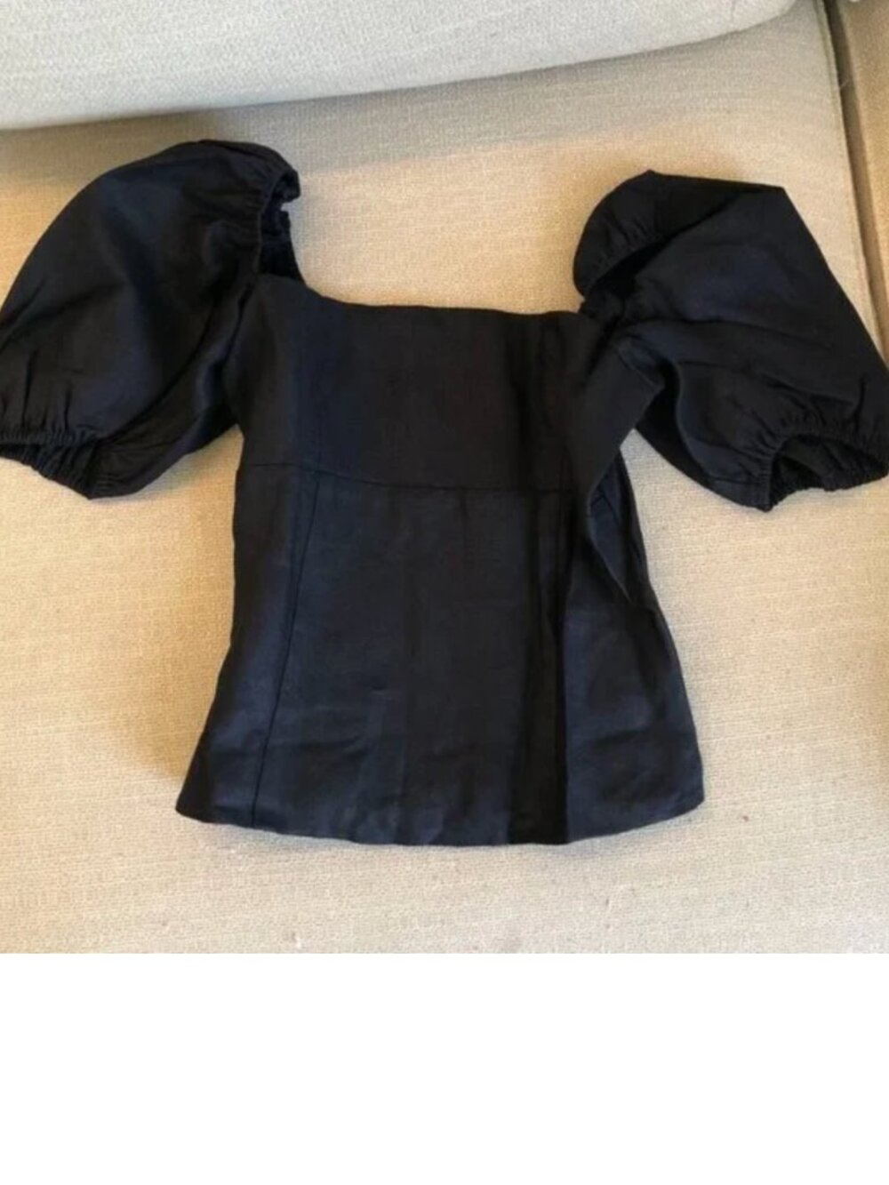 Reformation Arancini Solid Black Linen Cottagecore Puff Sleeve Top with Rear Zip